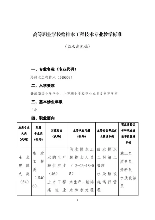 市政工程类——540603给排水工程技术专业教学标准