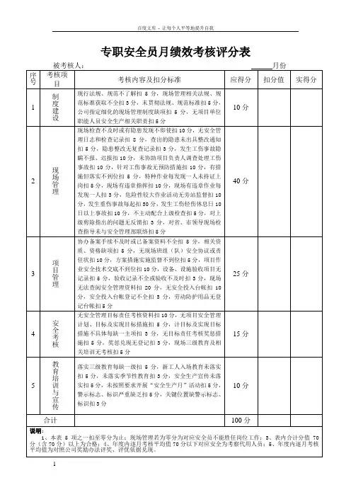 专职安全员月绩效考核评分表