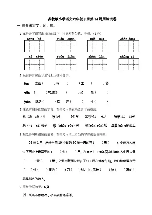 苏教版小学语文六年级下册第14周周练试卷