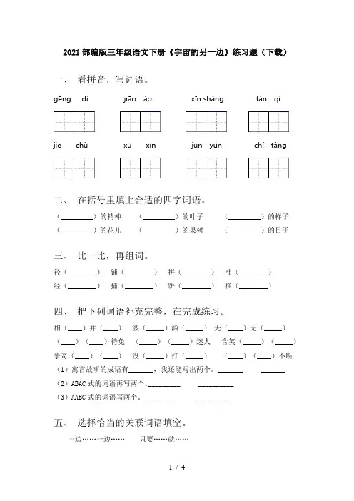 2021部编版三年级语文下册《宇宙的另一边》练习题(下载)