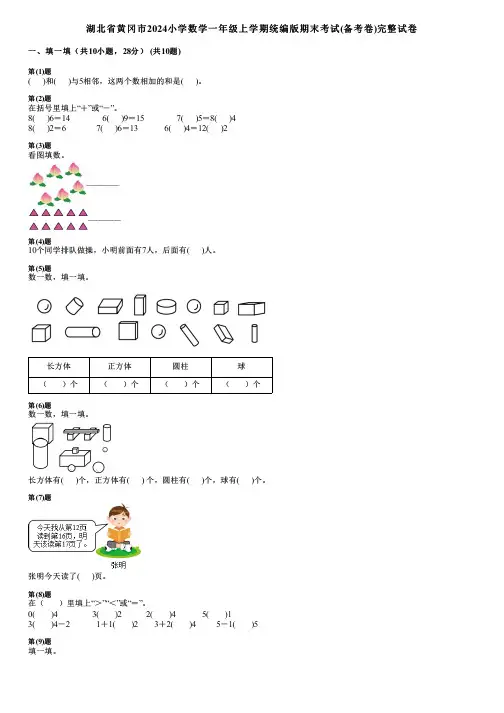 湖北省黄冈市2024小学数学一年级上学期统编版期末考试(备考卷)完整试卷