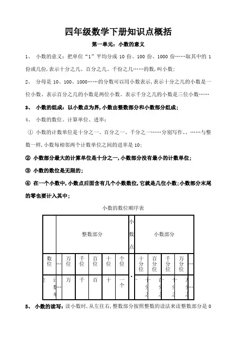 北师大版四年级数学下册概念知识重点