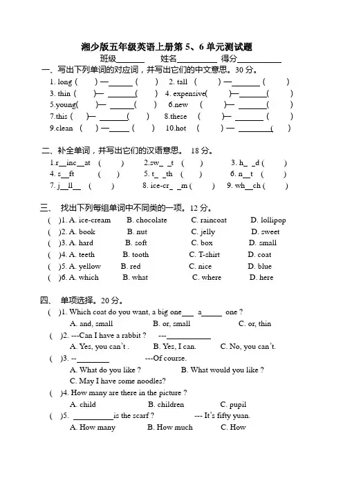湘少版五年级英语上册第5
