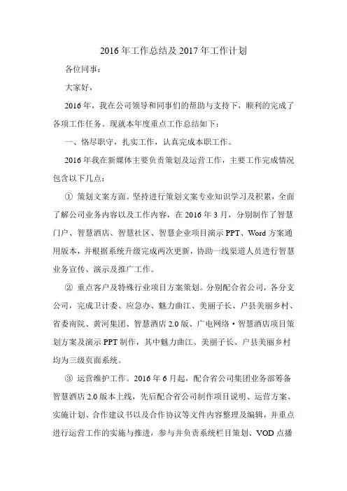 2016年工作总结及2017年计划
