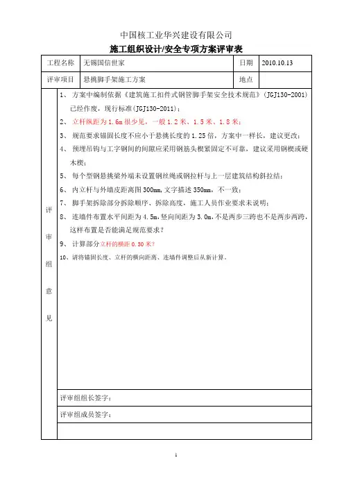 悬挑脚手架专项施工方案审核意见
