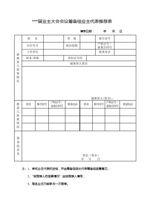12业主大会会议筹备组成员推荐表