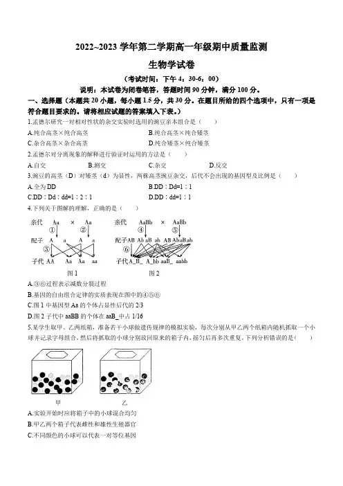 2022-2023学年山西省太原市高一下学期期中生物试题