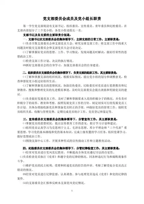 党支部委员会成员及党小组长职责