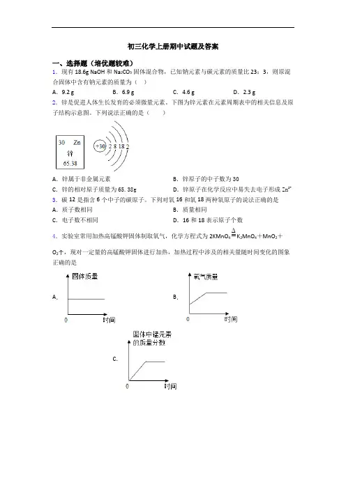 初三化学上册期中试题及答案