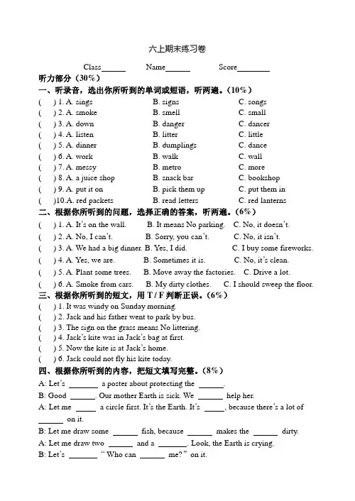 苏教译林版英语六年级上册期末测试题 (6)