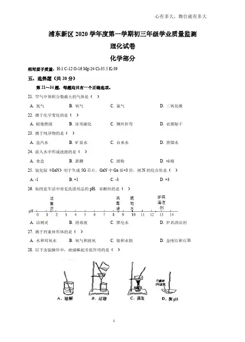 2020-2021学年上海浦东新区初三(上)中考一模化学试卷及答案