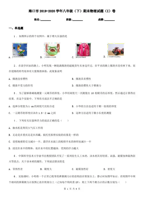 海口市2019-2020学年八年级(下)期末物理试题(I)卷