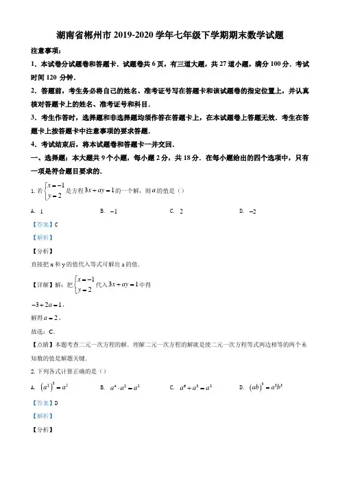 湖南省郴州市2019-2020学年七年级下学期期末数学试题含解析