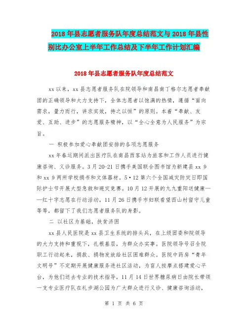2018年县志愿者服务队年度总结范文与2018年县性别比办公室上半年工作总结及下半年工作计划汇编
