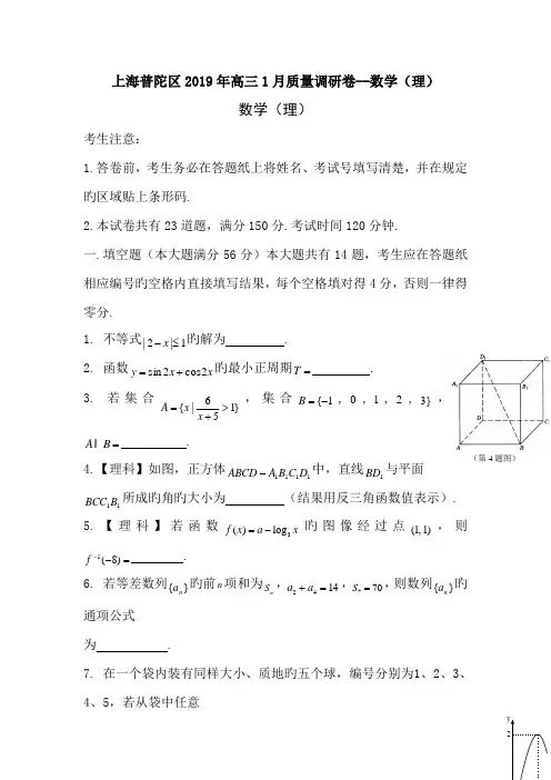 上海普陀区2019年高三1月质量调研卷--数学(理)
