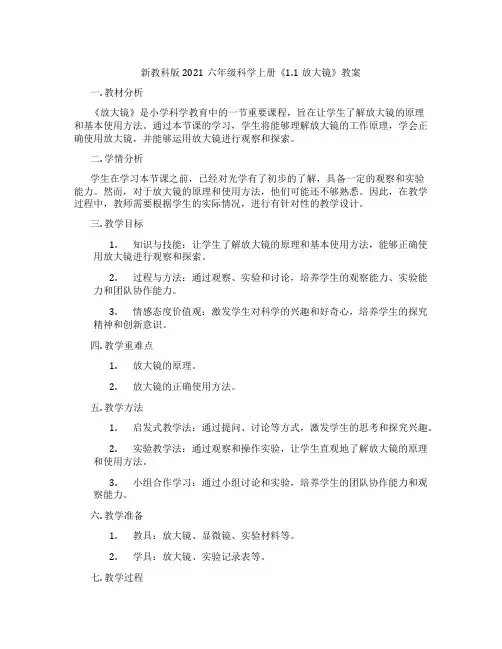 新教科版2021六年级科学上册《1.1放大镜》教案