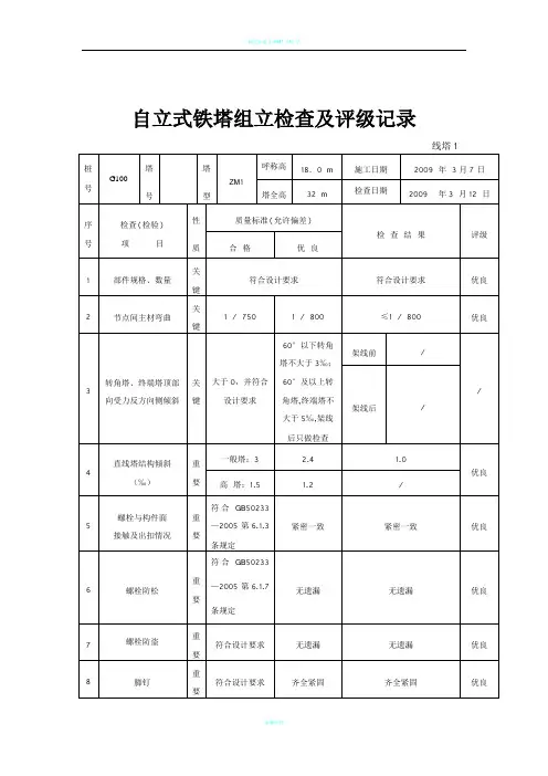 国电验收表格标准     自立式铁塔组立检查及评级记录