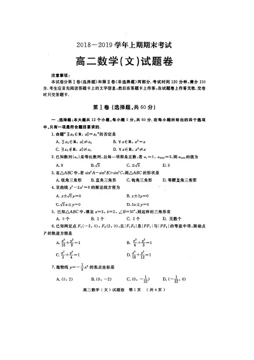 河南省信阳市2018-2019学年高二数学上学期期末考试试题 文(扫描版)