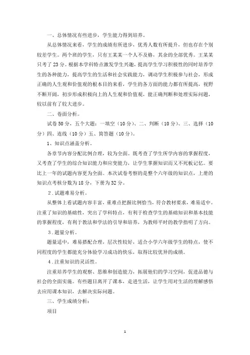 精选小学四年级科学试卷分析(通用3篇)