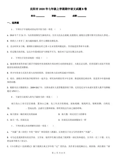 沈阳市2020年七年级上学期期中语文试题B卷