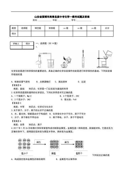 山东省淄博市高青县届中考化学一模考试题及答案.doc