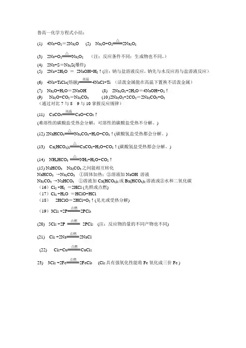 高一鲁教版化学方程式