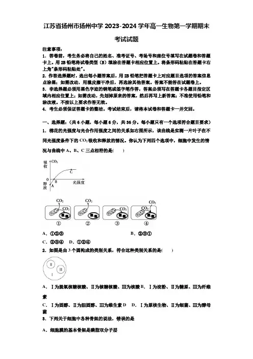 江苏省扬州市扬州中学2023-2024学年高一生物第一学期期末考试试题含解析