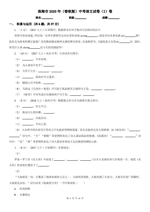 珠海市2020年(春秋版)中考语文试卷(I)卷