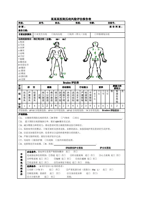 某某某医院压疮风险评估报告表(带人体图、免费)