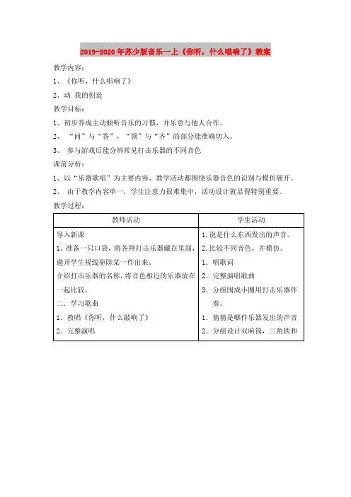 2019-2020年苏少版音乐一上《你听,什么唱响了》教案