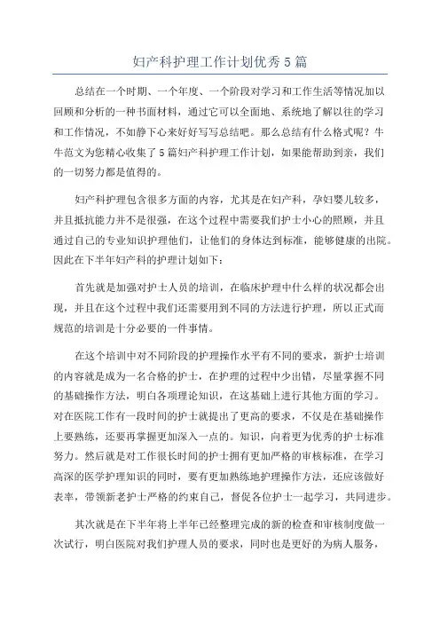 妇产科护理工作计划优秀5篇