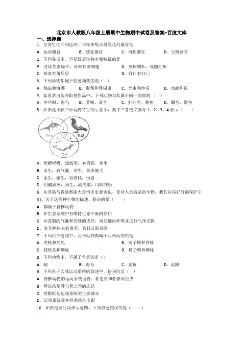 北京市人教版八年级上册期中生物期中试卷及答案-百度文库