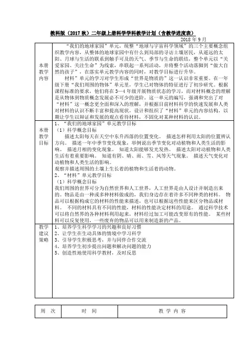 二年级新版 教科版科学上册科教学计划(含教学进度表)(1)