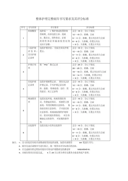 整体护理完整病历书写要求和其评分标准