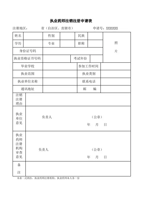 执业药师注销注册申请表