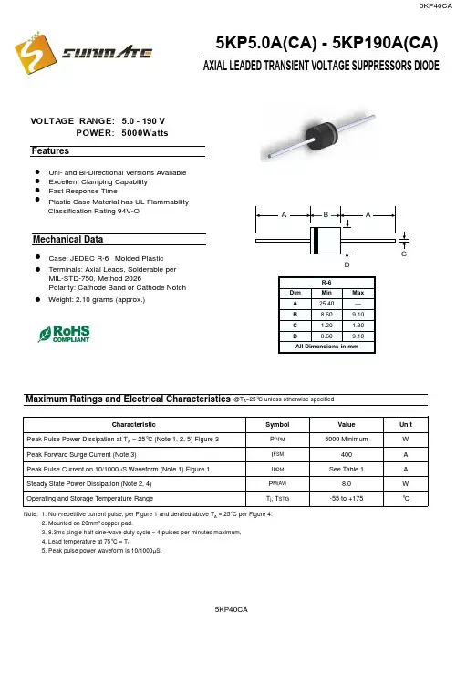 5KP40CA,TVS瞬变抑制二极管中文资料