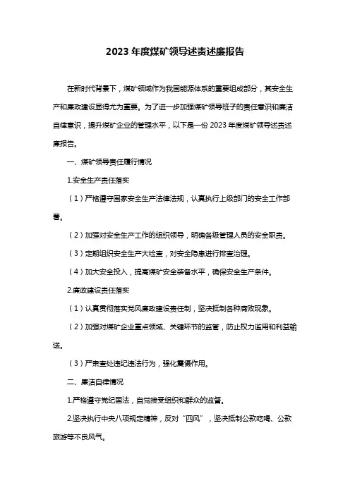 2023年度煤矿领导述责述廉报告