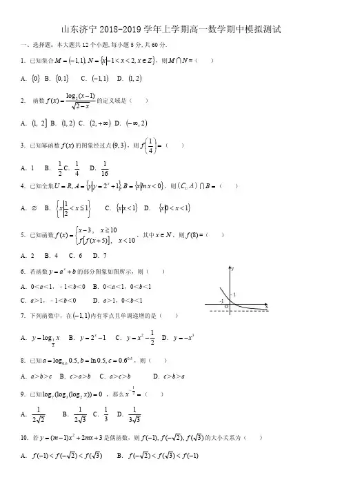 2018-2019学年山东济宁上学期高一数学期中模拟测试PDF