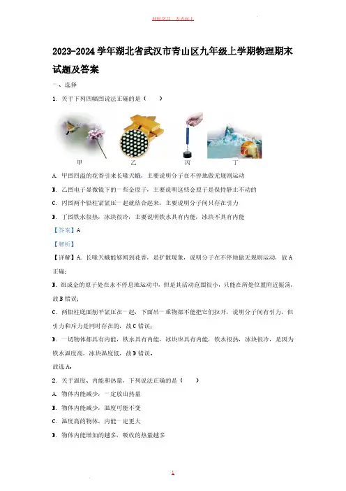 2023-2024学年湖北省武汉市青山区九年级上学期物理期末试题及答案