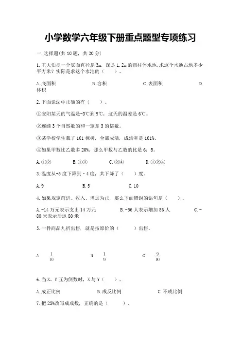小学数学六年级下册重点题型专项练习带答案(完整版)