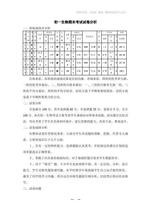 初一生物期末考试试卷分析