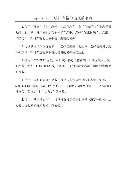 wps excel 统计表格中出现的名称