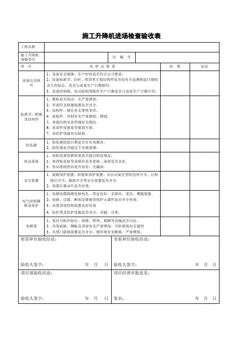 施工升降机进场检查验收表