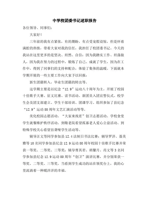 中学校团委书记述职报告