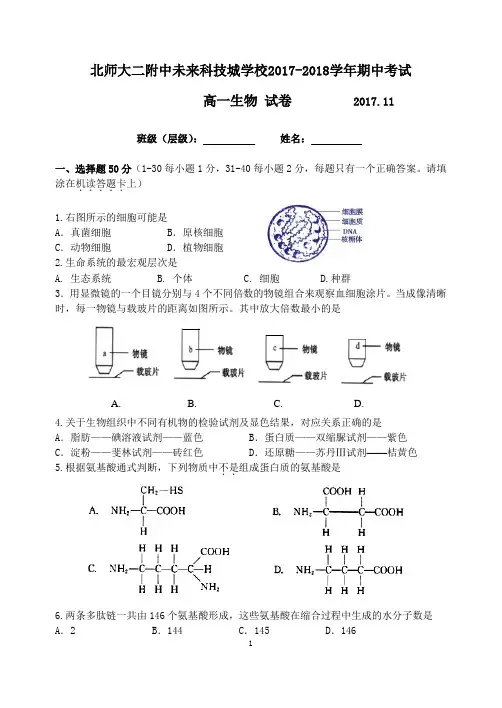 北师大二附中未来科技城学校2017-2018学年高一第一学期期中考试生物试卷