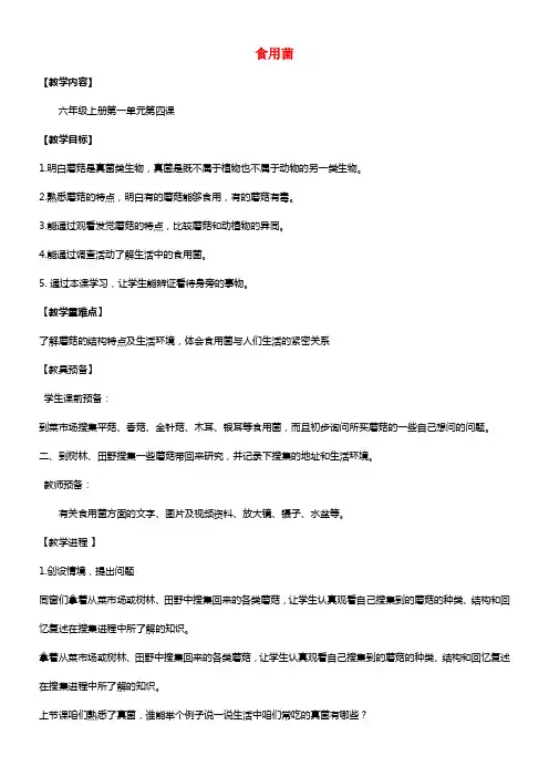六年级科学上册 第1单元 4 食用菌教案 