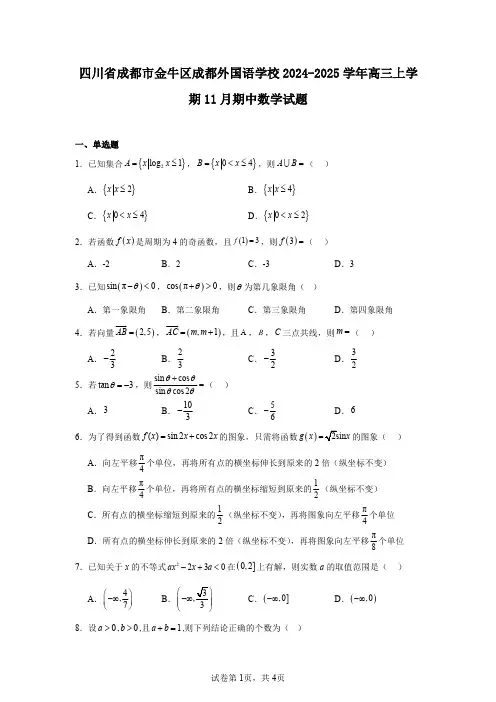 四川省成都市金牛区成都外国语学校2024-2025学年高三上学期11月期中数学试题