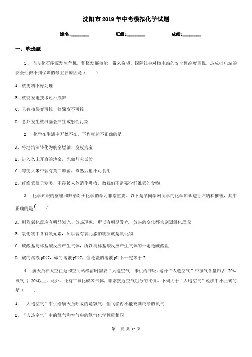沈阳市2019年中考模拟化学试题