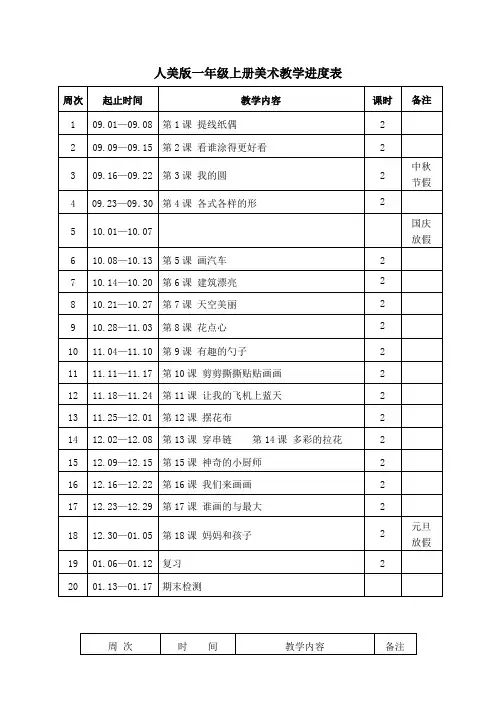 人美版一年级上册美术教学进度表