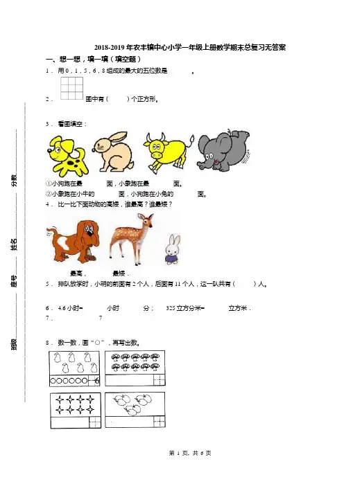 2018-2019年农丰镇中心小学一年级上册数学期末总复习无答案